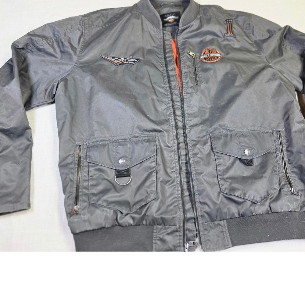 Harley-Davidson Mens Bomber Jacket Gray Nylon Orange Lining Patches RN103819